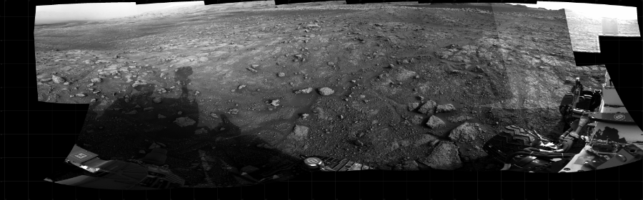 NASA's Mars rover Curiosity took 15 images in Gale Crater using its mast-mounted Right Navigation Camera (Navcam) to create this mosaic. The seam-corrected mosaic provides a 272-degree cylindrical projection panorama of the Martian surface centered at 144 degrees azimuth (measured clockwise from north). Curiosity took the images on January 19, 2021, Sol 3005 of the Mars Science Laboratory mission at drive 538, site number 85. The local mean solar time for the image exposures was 5 PM. Each Navcam image has a 45 degree field of view. CREDIT: NASA/JPL-Caltech