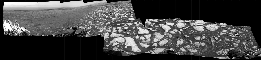 NASA's Mars rover Curiosity took 10 images in Gale Crater using its mast-mounted Right Navigation Camera (Navcam) to create this mosaic. The seam-corrected mosaic provides a 329-degree cylindrical projection panorama of the Martian surface centered at 123 degrees azimuth (measured clockwise from north). Curiosity took the images on January 27, 2021, Sol 3013 of the Mars Science Laboratory mission at drive 1808, site number 85. The local mean solar time for the image exposures was 2 PM. Each Navcam image has a 45 degree field of view. CREDIT: NASA/JPL-Caltech