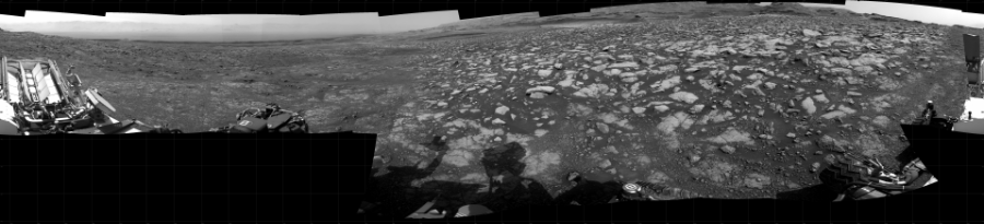 NASA's Mars rover Curiosity took 17 images in Gale Crater using its mast-mounted Right Navigation Camera (Navcam) to create this mosaic. The seam-corrected mosaic provides a 360-degree cylindrical projection panorama of the Martian surface centered at 86 degrees azimuth (measured clockwise from north). Curiosity took the images on February 03, 2021, Sol 3020 of the Mars Science Laboratory mission at drive 0, site number 86. The local mean solar time for the image exposures was from 2 PM to 3 PM. Each Navcam image has a 45 degree field of view. CREDIT: NASA/JPL-Caltech
