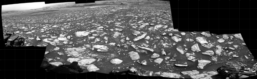 NASA's Mars rover Curiosity took 10 images in Gale Crater using its mast-mounted Right Navigation Camera (Navcam) to create this mosaic. The seam-corrected mosaic provides a 252-degree cylindrical projection panorama of the Martian surface centered at 151 degrees azimuth (measured clockwise from north). Curiosity took the images on February 09, 2021, Sol 3026 of the Mars Science Laboratory mission at drive 618, site number 86. The local mean solar time for the image exposures was from 2 PM to 3 PM. Each Navcam image has a 45 degree field of view. CREDIT: NASA/JPL-Caltech