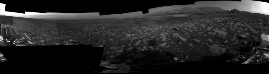 NASA's Mars rover Curiosity took 24 images in Gale Crater using its mast-mounted Right Navigation Camera (Navcam) to create this mosaic. The seam-corrected mosaic provides a 360-degree cylindrical projection panorama of the Martian surface centered at 67 degrees azimuth (measured clockwise from north). Curiosity took the images on February 12, 2021, Sol 3028 of the Mars Science Laboratory mission at drive 1218, site number 86. The local mean solar time for the image exposures was from 4 PM to 5 PM. Each Navcam image has a 45 degree field of view. CREDIT: NASA/JPL-Caltech