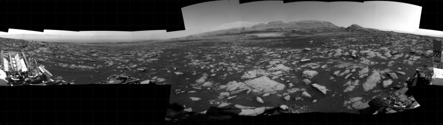 NASA's Mars rover Curiosity took 22 images in Gale Crater using its mast-mounted Right Navigation Camera (Navcam) to create this mosaic. The seam-corrected mosaic provides a 360-degree cylindrical projection panorama of the Martian surface centered at 95 degrees azimuth (measured clockwise from north). Curiosity took the images on February 16, 2021, Sol 3032 of the Mars Science Laboratory mission at drive 1456, site number 86. The local mean solar time for the image exposures was from 2 PM to 3 PM. Each Navcam image has a 45 degree field of view. CREDIT: NASA/JPL-Caltech