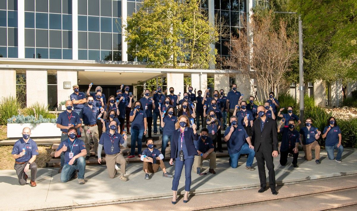 The Mars 2020 team in front of the administration building at JPL