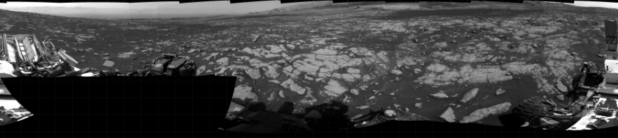 NASA's Mars rover Curiosity took 19 images in Gale Crater using its mast-mounted Right Navigation Camera (Navcam) to create this mosaic. The seam-corrected mosaic provides a 360-degree cylindrical projection panorama of the Martian surface centered at 88 degrees azimuth (measured clockwise from north). Curiosity took the images on February 20, 2021, Sol 3036 of the Mars Science Laboratory mission at drive 1840, site number 86. The local mean solar time for the image exposures was from 2 PM to 3 PM. Each Navcam image has a 45 degree field of view. CREDIT: NASA/JPL-Caltech