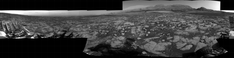 NASA's Mars rover Curiosity took 21 images in Gale Crater using its mast-mounted Right Navigation Camera (Navcam) to create this mosaic. The seam-corrected mosaic provides a 360-degree cylindrical projection panorama of the Martian surface centered at 77 degrees azimuth (measured clockwise from north). Curiosity took the images on February 22, 2021, Sol 3038 of the Mars Science Laboratory mission at drive 2146, site number 86. The local mean solar time for the image exposures was from 3 PM to 4 PM. Each Navcam image has a 45 degree field of view. CREDIT: NASA/JPL-Caltech