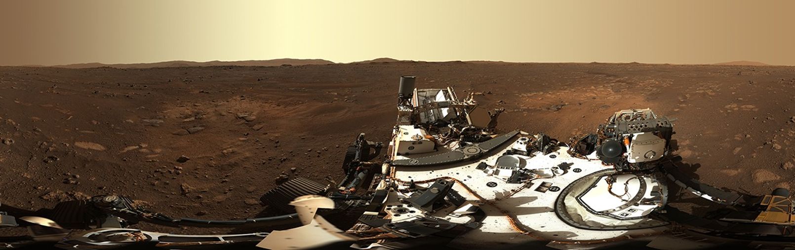 This is the first 360-degree panorama taken by Mastcam-Z, a zoomable pair of cameras aboard NASA’s Perseverance Mars rover. The panorama was stitched together on Earth from 142 individual images taken on Sol 3, the third Martian day of the mission (Feb. 21, 2021).