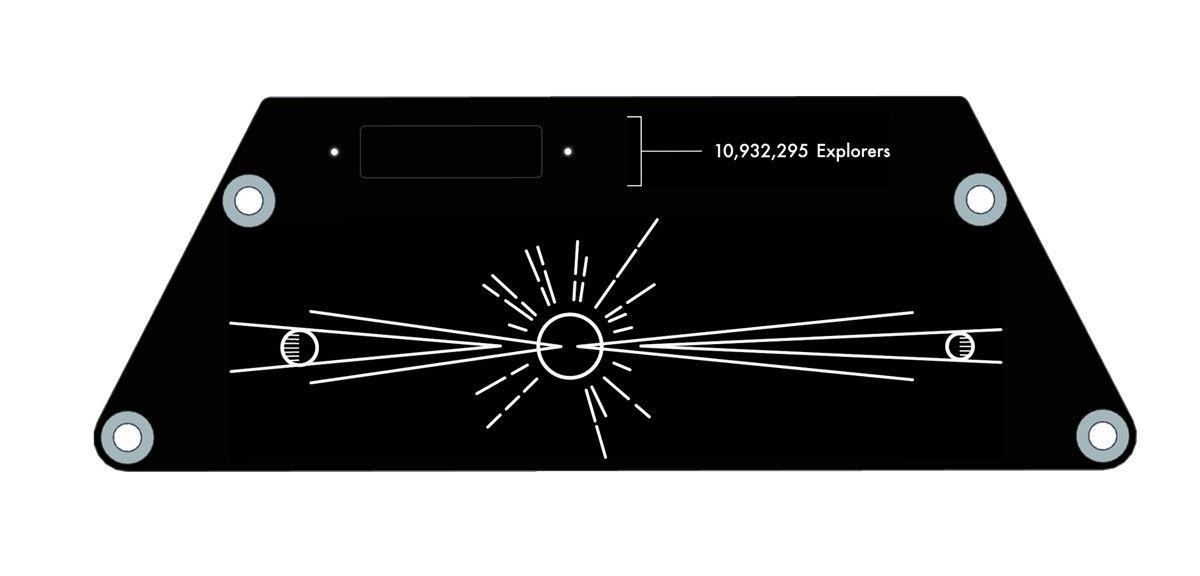 A line drawing on a trapezoidal plate shows the Sun with Earth to the left and Mars to the right