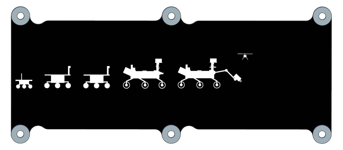 A black, rectangular drawing with profiles of five white rovers in a row and a small helicopter hovering