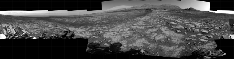 NASA's Mars rover Curiosity took 22 images in Gale Crater using its mast-mounted Right Navigation Camera (Navcam) to create this mosaic. The seam-corrected mosaic provides a 360-degree cylindrical projection panorama of the Martian surface centered at 101 degrees azimuth (measured clockwise from north). Curiosity took the images on March 01, 2021, Sol 3045 of the Mars Science Laboratory mission at drive 0, site number 87. The local mean solar time for the image exposures was 3 PM. Each Navcam image has a 45 degree field of view. CREDIT: NASA/JPL-Caltech