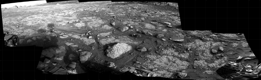 NASA's Mars rover Curiosity took 10 images in Gale Crater using its mast-mounted Right Navigation Camera (Navcam) to create this mosaic. The seam-corrected mosaic provides a 244-degree cylindrical projection panorama of the Martian surface centered at 170 degrees azimuth (measured clockwise from north). Curiosity took the images on March 03, 2021, Sol 3047 of the Mars Science Laboratory mission at drive 420, site number 87. The local mean solar time for the image exposures was from 5 PM to 6 PM. Each Navcam image has a 45 degree field of view. CREDIT: NASA/JPL-Caltech