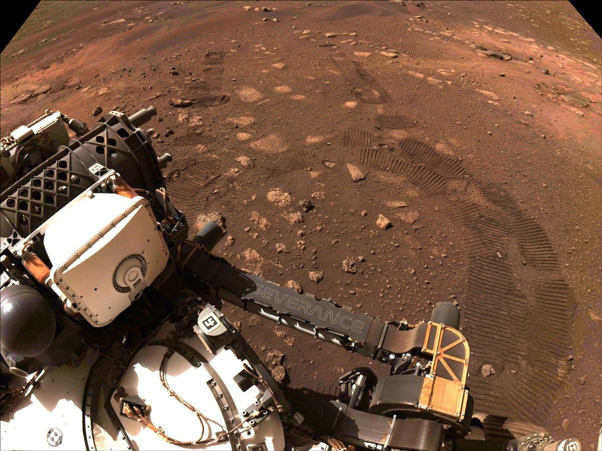 Overhead view of the Perseverance Rover on the surface of Mars