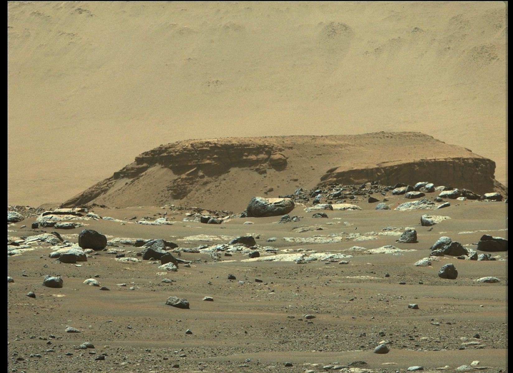 From its landing site, “Octavia E. Butler Landing,” NASA’s Perseverance rover can see a remnant of a fan-shaped deposit of sediments known as a delta (the raised area of dark brown rock in the middle ground) with its Mastcam-Z instrument.