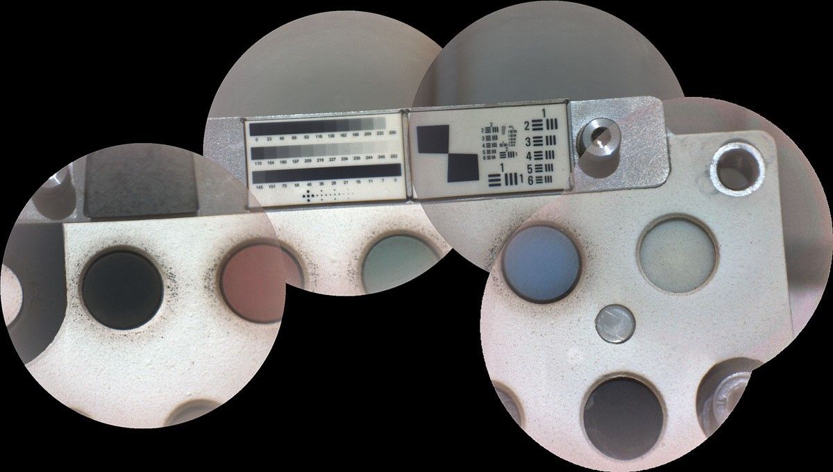 Stitched together from five images, this mosaic shows the calibration target for the SuperCam instrument aboard NASA’s Perseverance rover on Mars. The component images were taken by SuperCam’s remote micro-imager (RMI).