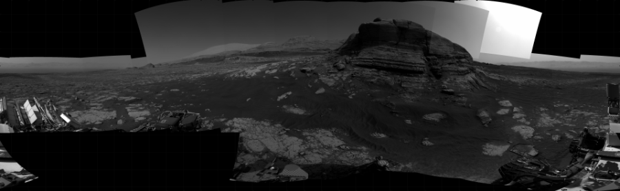 NASA's Mars rover Curiosity took 28 images in Gale Crater using its mast-mounted Right Navigation Camera (Navcam) to create this mosaic. The seam-corrected mosaic provides a 360-degree cylindrical projection panorama of the Martian surface centered at 154 degrees azimuth (measured clockwise from north). Curiosity took the images on March 10, 2021, Sols 3054-3052 of the Mars Science Laboratory mission at drive 792, site number 87. The local mean solar time for the image exposures was 4 PM. Each Navcam image has a 45 degree field of view. CREDIT: NASA/JPL-Caltech