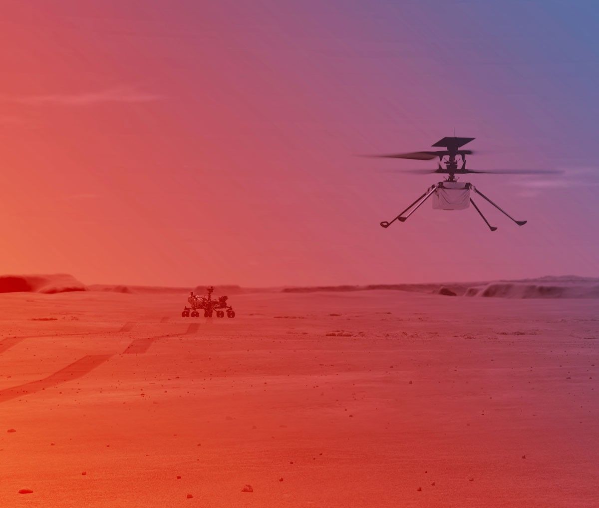 An illustration of NASA’s Ingenuity Helicopter flying on Mars.