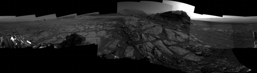 NASA's Mars rover Curiosity took 20 images in Gale Crater using its mast-mounted Right Navigation Camera (Navcam) to create this mosaic. The seam-corrected mosaic provides a 360-degree cylindrical projection panorama of the Martian surface centered at 179 degrees azimuth (measured clockwise from north). Curiosity took the images on March 31, 2021, Sol 3074 of the Mars Science Laboratory mission at drive 1078, site number 87. The local mean solar time for the image exposures was 4 PM. Each Navcam image has a 45 degree field of view. CREDIT: NASA/JPL-Caltech