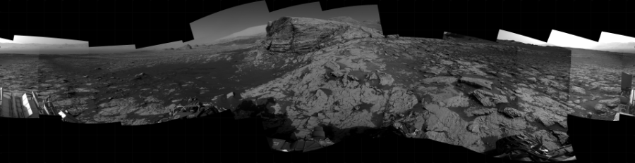 NASA's Mars rover Curiosity took 20 images in Gale Crater using its mast-mounted Right Navigation Camera (Navcam) to create this mosaic. The seam-corrected mosaic provides a 360-degree cylindrical projection panorama of the Martian surface centered at 135 degrees azimuth (measured clockwise from north). Curiosity took the images on April 05, 2021, Sol 3079 of the Mars Science Laboratory mission at drive 1712, site number 87. The local mean solar time for the image exposures was 4 PM. Each Navcam image has a 45 degree field of view. CREDIT: NASA/JPL-Caltech