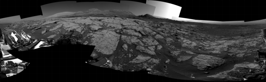 NASA's Mars rover Curiosity took 24 images in Gale Crater using its mast-mounted Right Navigation Camera (Navcam) to create this mosaic. The seam-corrected mosaic provides a 360-degree cylindrical projection panorama of the Martian surface centered at 200 degrees azimuth (measured clockwise from north). Curiosity took the images on April 09, 2021, Sol 3083 of the Mars Science Laboratory mission at drive 2214, site number 87. The local mean solar time for the image exposures was from 3 PM to 4 PM. Each Navcam image has a 45 degree field of view. CREDIT: NASA/JPL-Caltech
