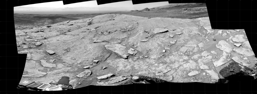 NASA's Mars rover Curiosity took 10 images in Gale Crater using its mast-mounted Right Navigation Camera (Navcam) to create this mosaic. The seam-corrected mosaic provides a 220-degree cylindrical projection panorama of the Martian surface centered at 45 degrees azimuth (measured clockwise from north). Curiosity took the images on April 12, 2021, Sol 3086 of the Mars Science Laboratory mission at drive 2536, site number 87. The local mean solar time for the image exposures was from 1 PM to 2 PM. Each Navcam image has a 45 degree field of view. CREDIT: NASA/JPL-Caltech