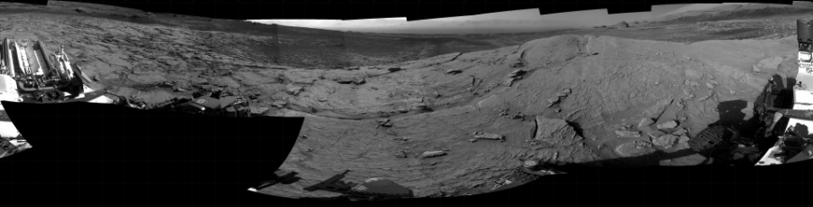 NASA's Mars rover Curiosity took 19 images in Gale Crater using its mast-mounted Right Navigation Camera (Navcam) to create this mosaic. The seam-corrected mosaic provides a 360-degree cylindrical projection panorama of the Martian surface centered at 325 degrees azimuth (measured clockwise from north). Curiosity took the images on April 14, 2021, Sol 3088 of the Mars Science Laboratory mission at drive 2578, site number 87. The local mean solar time for the image exposures was 4 PM. Each Navcam image has a 45 degree field of view. CREDIT: NASA/JPL-Caltech