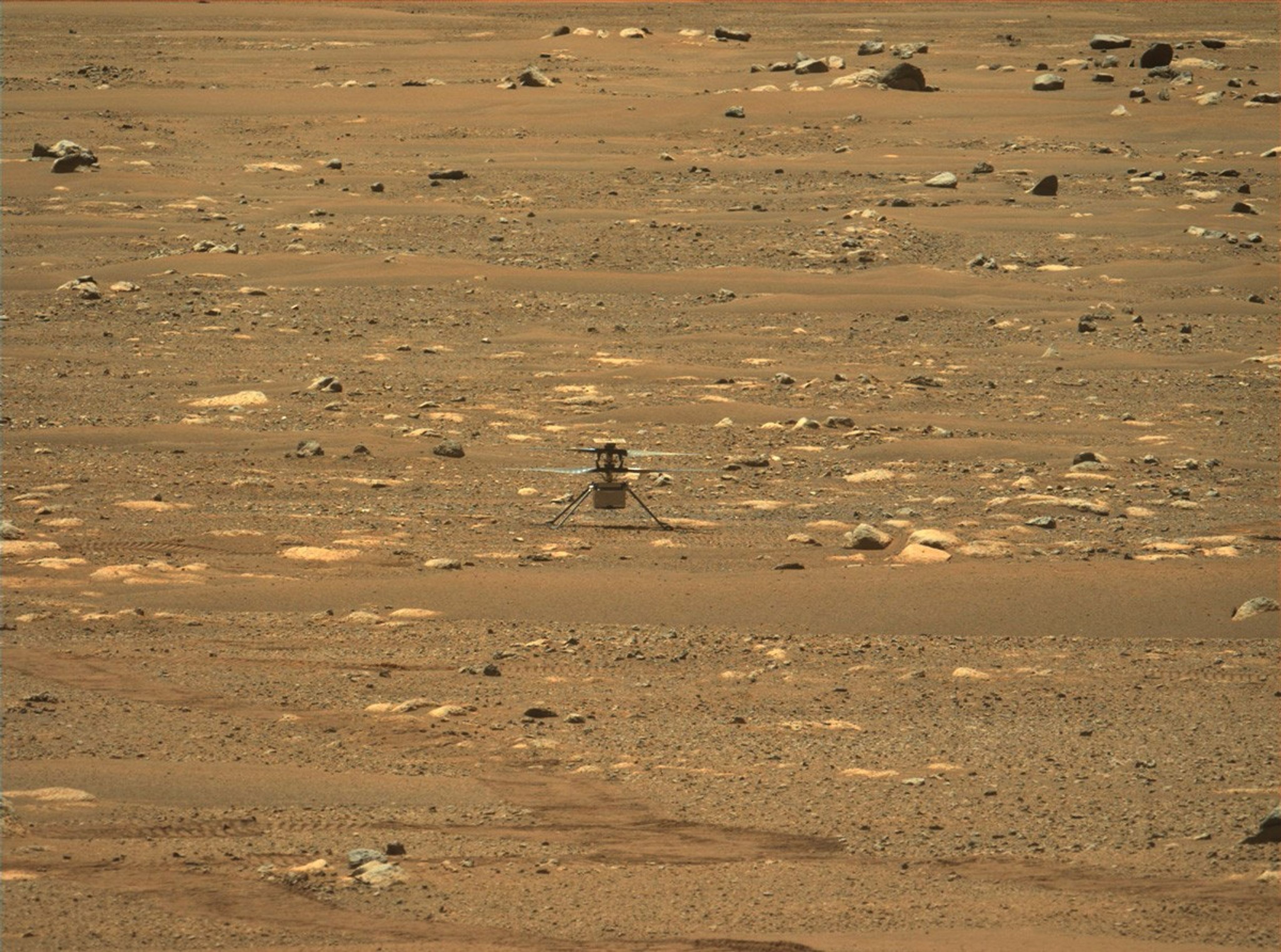 The first flight of NASA’s Ingenuity Mars Helicopter – and the first powered, controlled flight on another planet – was captured in this image from Mastcam-Z, a pair of zoomable cameras aboard NASA’s Perseverance Mars rover, on April 19, 2021.