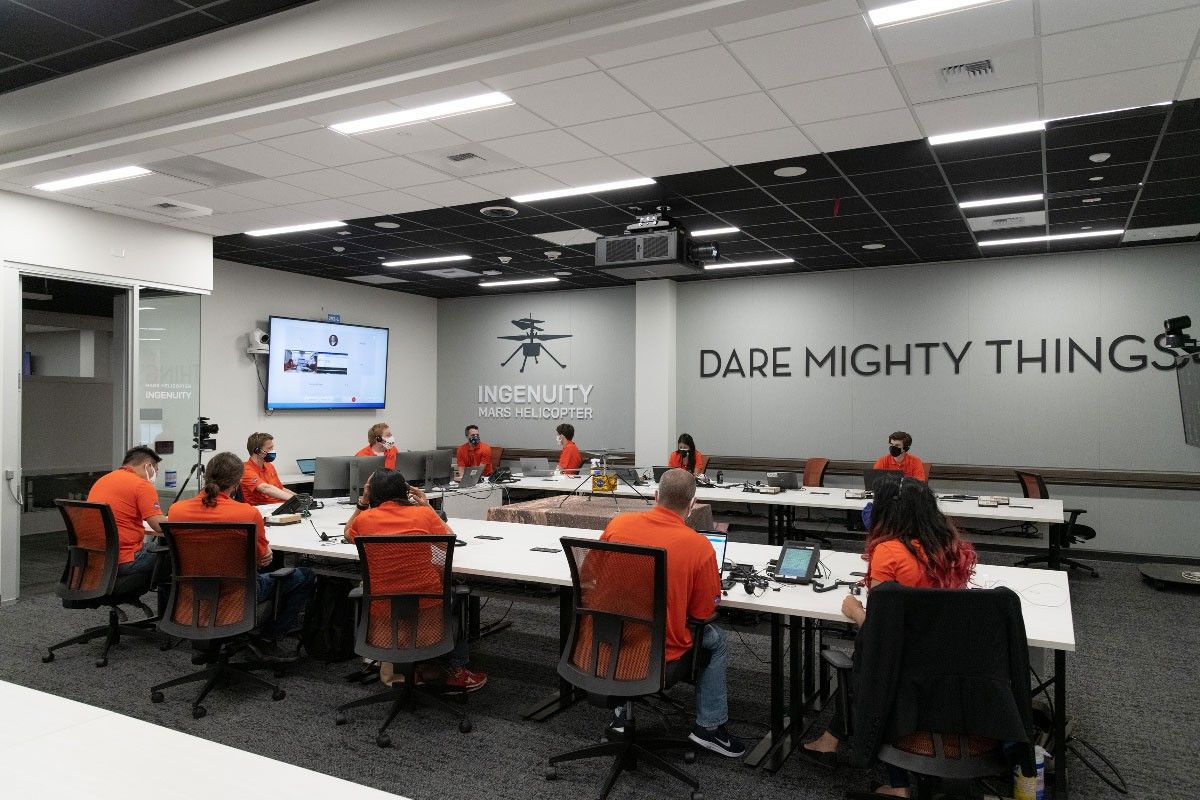 Members of NASA’s Ingenuity helicopter team in the Space Flight Operations Facility at NASA’s Jet Propulsion Laboratory prepare to receive the data downlink showing whether the helicopter completed its first flight on April 19, 2021.