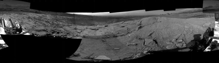 NASA's Mars rover Curiosity took 24 images in Gale Crater using its mast-mounted Right Navigation Camera (Navcam) to create this mosaic. The seam-corrected mosaic provides a 360-degree cylindrical projection panorama of the Martian surface centered at 325 degrees azimuth (measured clockwise from north). Curiosity took the images on April 20, 2021, Sols 3094-3088 of the Mars Science Laboratory mission at drive 2578, site number 87. The local mean solar time for the image exposures was from 4 PM to 12 PM. Each Navcam image has a 45 degree field of view. CREDIT: NASA/JPL-Caltech