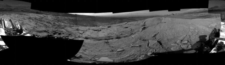 NASA's Mars rover Curiosity took 25 images in Gale Crater using its mast-mounted Right Navigation Camera (Navcam) to create this mosaic. The seam-corrected mosaic provides a 360-degree cylindrical projection panorama of the Martian surface centered at 325 degrees azimuth (measured clockwise from north). Curiosity took the images on April 21, 2021, Sols 3095-3088 of the Mars Science Laboratory mission at drive 2578, site number 87. The local mean solar time for the image exposures was from 4 PM to 6 PM. Each Navcam image has a 45 degree field of view. CREDIT: NASA/JPL-Caltech