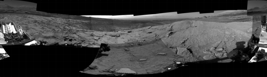 NASA's Mars rover Curiosity took 30 images in Gale Crater using its mast-mounted Right Navigation Camera (Navcam) to create this mosaic. The seam-corrected mosaic provides a 360-degree cylindrical projection panorama of the Martian surface centered at 325 degrees azimuth (measured clockwise from north). Curiosity took the images on April 30, 2021, Sols 3104-3088 of the Mars Science Laboratory mission at drive 2578, site number 87. The local mean solar time for the image exposures was from 4 PM to 12 PM. Each Navcam image has a 45 degree field of view. CREDIT: NASA/JPL-Caltech