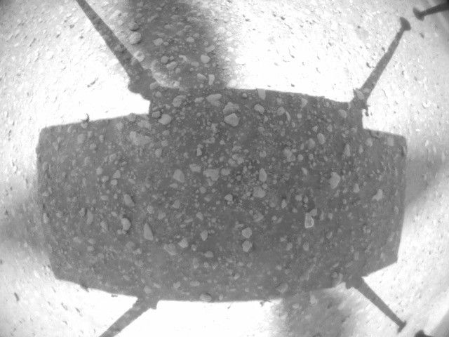 A picture from the navigation camera aboard Ingenuity captured the helicopter on takeoff during Flight Two, showing little sign of dust.