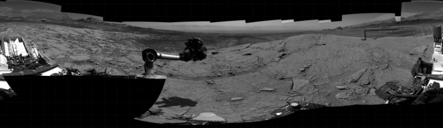 NASA's Mars rover Curiosity took 66 images in Gale Crater using its mast-mounted Right Navigation Camera (Navcam) to create this mosaic. The seam-corrected mosaic provides a 360-degree cylindrical projection panorama of the Martian surface centered at 325 degrees azimuth (measured clockwise from north). Curiosity took the images on May 04, 2021, Sols 3107-3088 of the Mars Science Laboratory mission at drive 2578, site number 87. The local mean solar time for the image exposures was from 1 PM to 4 PM. Each Navcam image has a 45 degree field of view. CREDIT: NASA/JPL-Caltech