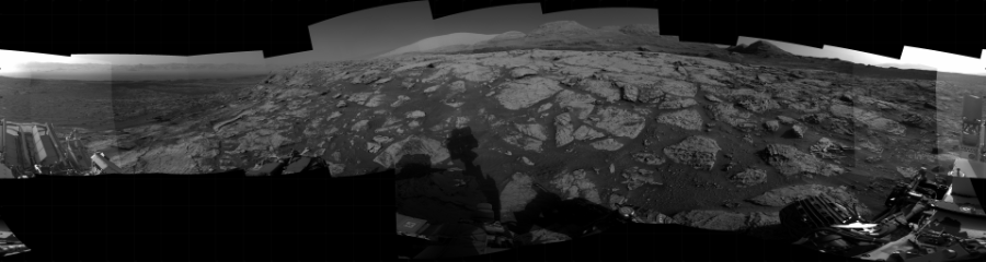 NASA's Mars rover Curiosity took 22 images in Gale Crater using its mast-mounted Right Navigation Camera (Navcam) to create this mosaic. The seam-corrected mosaic provides a 360-degree cylindrical projection panorama of the Martian surface centered at 121 degrees azimuth (measured clockwise from north). Curiosity took the images on May 07, 2021, Sol 3110 of the Mars Science Laboratory mission at drive 2902, site number 87. The local mean solar time for the image exposures was 4 PM. Each Navcam image has a 45 degree field of view. CREDIT: NASA/JPL-Caltech