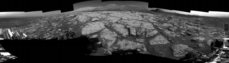 NASA's Mars rover Curiosity took 22 images in Gale Crater using its mast-mounted Right Navigation Camera (Navcam) to create this mosaic. The seam-corrected mosaic provides a 360-degree cylindrical projection panorama of the Martian surface centered at 150 degrees azimuth (measured clockwise from north). Curiosity took the images on May 10, 2021, Sol 3113 of the Mars Science Laboratory mission at drive 0, site number 88. The local mean solar time for the image exposures was 3 PM. Each Navcam image has a 45 degree field of view. CREDIT: NASA/JPL-Caltech