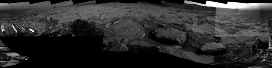 NASA's Mars rover Curiosity took 19 images in Gale Crater using its mast-mounted Right Navigation Camera (Navcam) to create this mosaic. The seam-corrected mosaic provides a 360-degree cylindrical projection panorama of the Martian surface centered at 168 degrees azimuth (measured clockwise from north). Curiosity took the images on May 14, 2021, Sol 3117 of the Mars Science Laboratory mission at drive 156, site number 88. The local mean solar time for the image exposures was from 4 PM to 5 PM. Each Navcam image has a 45 degree field of view. CREDIT: NASA/JPL-Caltech
