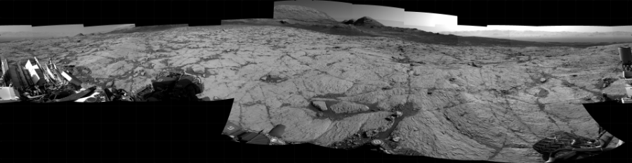 NASA's Mars rover Curiosity took 20 images in Gale Crater using its mast-mounted Right Navigation Camera (Navcam) to create this mosaic. The seam-corrected mosaic provides a 360-degree cylindrical projection panorama of the Martian surface centered at 192 degrees azimuth (measured clockwise from north). Curiosity took the images on May 17, 2021, Sol 3120 of the Mars Science Laboratory mission at drive 366, site number 88. The local mean solar time for the image exposures was 3 PM. Each Navcam image has a 45 degree field of view. CREDIT: NASA/JPL-Caltech