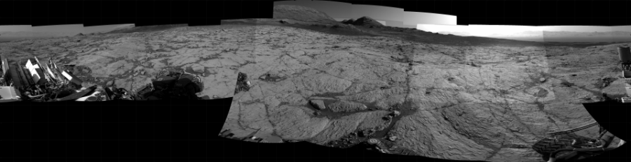 NASA's Mars rover Curiosity took 30 images in Gale Crater using its mast-mounted Right Navigation Camera (Navcam) to create this mosaic. The seam-corrected mosaic provides a 360-degree cylindrical projection panorama of the Martian surface centered at 192 degrees azimuth (measured clockwise from north). Curiosity took the images on May 19, 2021, Sols 3122-3120 of the Mars Science Laboratory mission at drive 366, site number 88. The local mean solar time for the image exposures was from 3 PM to 4 PM. Each Navcam image has a 45 degree field of view. CREDIT: NASA/JPL-Caltech
