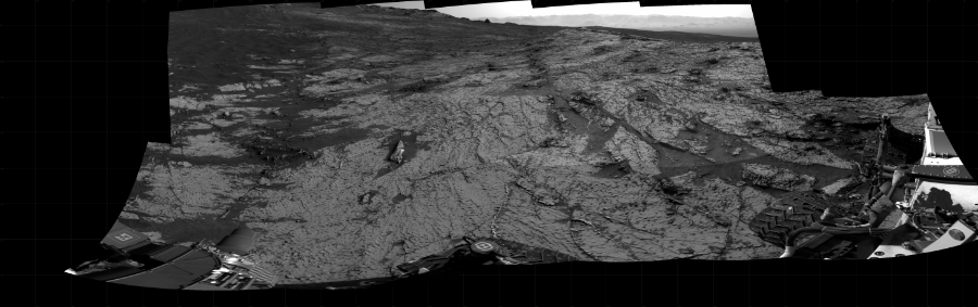 NASA's Mars rover Curiosity took 12 images in Gale Crater using its mast-mounted Right Navigation Camera (Navcam) to create this mosaic. The seam-corrected mosaic provides a 274-degree cylindrical projection panorama of the Martian surface centered at 267 degrees azimuth (measured clockwise from north). Curiosity took the images on June 04, 2021, Sol 3138 of the Mars Science Laboratory mission at drive 1230, site number 88. The local mean solar time for the image exposures was 3 PM. Each Navcam image has a 45 degree field of view. CREDIT: NASA/JPL-Caltech