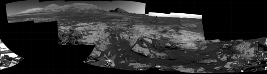 NASA's Mars rover Curiosity took 18 images in Gale Crater using its mast-mounted Right Navigation Camera (Navcam) to create this mosaic. The seam-corrected mosaic provides a 360-degree cylindrical projection panorama of the Martian surface centered at 238 degrees azimuth (measured clockwise from north). Curiosity took the images on June 07, 2021, Sol 3140 of the Mars Science Laboratory mission at drive 1734, site number 88. The local mean solar time for the image exposures was 3 PM. Each Navcam image has a 45 degree field of view. CREDIT: NASA/JPL-Caltech