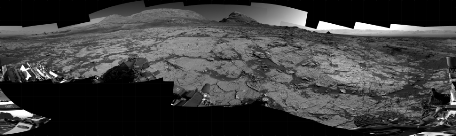 NASA's Mars rover Curiosity took 24 images in Gale Crater using its mast-mounted Right Navigation Camera (Navcam) to create this mosaic. The seam-corrected mosaic provides a 360-degree cylindrical projection panorama of the Martian surface centered at 203 degrees azimuth (measured clockwise from north). Curiosity took the images on June 18, 2021, Sol 3151 of the Mars Science Laboratory mission at drive 276, site number 89. The local mean solar time for the image exposures was 3 PM. Each Navcam image has a 45 degree field of view. CREDIT: NASA/JPL-Caltech