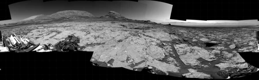 NASA's Mars rover Curiosity took 23 images in Gale Crater using its mast-mounted Right Navigation Camera (Navcam) to create this mosaic. The seam-corrected mosaic provides a 360-degree cylindrical projection panorama of the Martian surface centered at 232 degrees azimuth (measured clockwise from north). Curiosity took the images on June 21, 2021, Sol 3154 of the Mars Science Laboratory mission at drive 724, site number 89. The local mean solar time for the image exposures was from 1 PM to 2 PM. Each Navcam image has a 45 degree field of view. CREDIT: NASA/JPL-Caltech