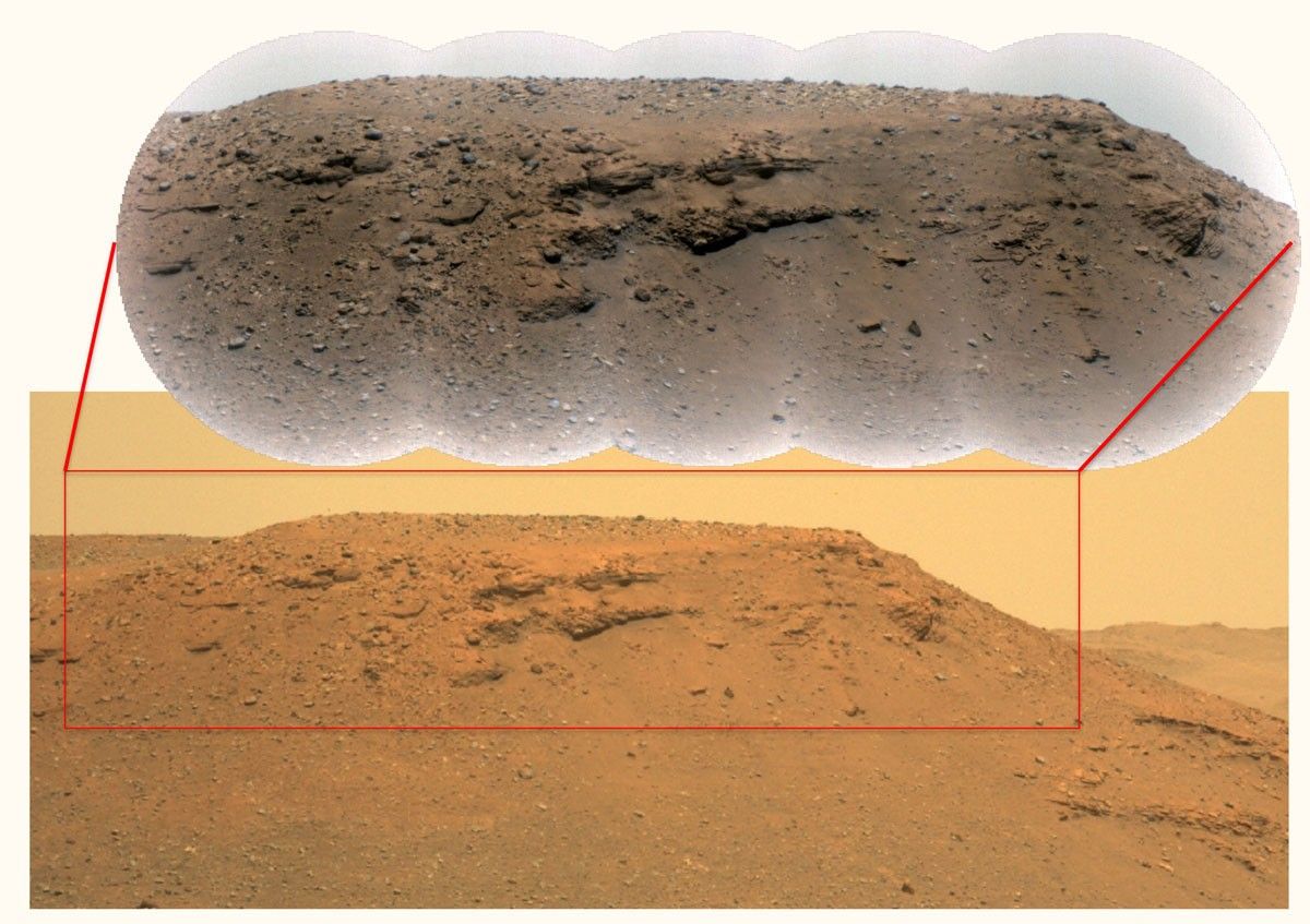 This composite image of Jezero Crater’s “Delta Scarp” was generated using data from the Perseverance rover’s Remote Microscopic Imager and Mastcam-Z camera.