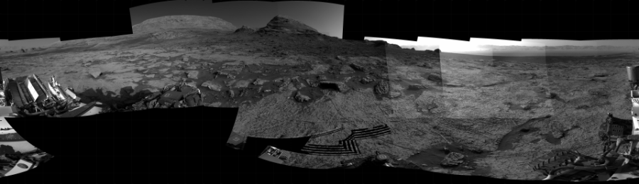 NASA's Mars rover Curiosity took 22 images in Gale Crater using its mast-mounted Right Navigation Camera (Navcam) to create this mosaic. The seam-corrected mosaic provides a 360-degree cylindrical projection panorama of the Martian surface centered at 226 degrees azimuth (measured clockwise from north). Curiosity took the images on June 23, 2021, Sol 3156 of the Mars Science Laboratory mission at drive 1082, site number 89. The local mean solar time for the image exposures was 4 PM. Each Navcam image has a 45 degree field of view. CREDIT: NASA/JPL-Caltech