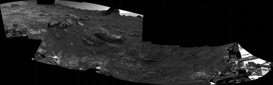 NASA's Mars rover Curiosity took 12 images in Gale Crater using its mast-mounted Right Navigation Camera (Navcam) to create this mosaic. The seam-corrected mosaic provides a 323-degree cylindrical projection panorama of the Martian surface centered at 299 degrees azimuth (measured clockwise from north). Curiosity took the images on June 28, 2021, Sol 3161 of the Mars Science Laboratory mission at drive 1862, site number 89. The local mean solar time for the image exposures was 3 PM. Each Navcam image has a 45 degree field of view. CREDIT: NASA/JPL-Caltech