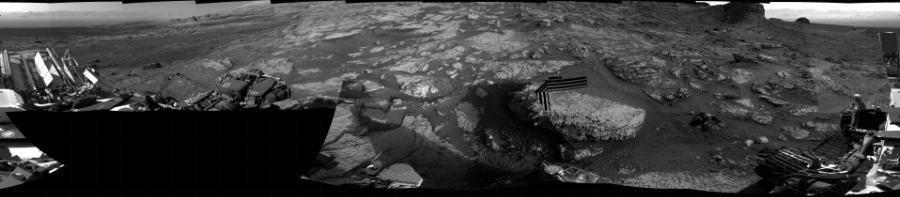 NASA's Mars rover Curiosity took 22 images in Gale Crater using its mast-mounted Right Navigation Camera (Navcam) to create this mosaic. The seam-corrected mosaic provides a 360-degree cylindrical projection panorama of the Martian surface centered at 162 degrees azimuth (measured clockwise from north). Curiosity took the images on July 04, 2021, Sols 3167-3165 of the Mars Science Laboratory mission at drive 1992, site number 89. The local mean solar time for the image exposures was from 3 PM to 5 PM. Each Navcam image has a 45 degree field of view. CREDIT: NASA/JPL-Caltech