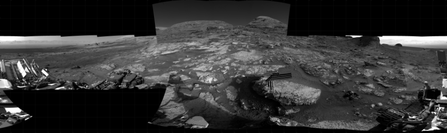 NASA's Mars rover Curiosity took 25 images in Gale Crater using its mast-mounted Right Navigation Camera (Navcam) to create this mosaic. The seam-corrected mosaic provides a 360-degree cylindrical projection panorama of the Martian surface centered at 162 degrees azimuth (measured clockwise from north). Curiosity took the images on July 06, 2021, Sols 3169-3165 of the Mars Science Laboratory mission at drive 1992, site number 89. The local mean solar time for the image exposures was from 1 PM to 3 PM. Each Navcam image has a 45 degree field of view. CREDIT: NASA/JPL-Caltech