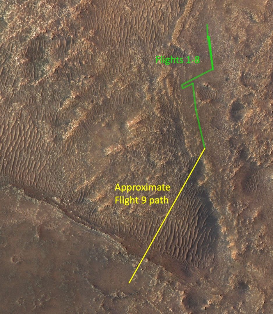 This map shows the approximate flight path of NASA’s Ingenuity Mars Helicopter during its ninth flight, on July 5.