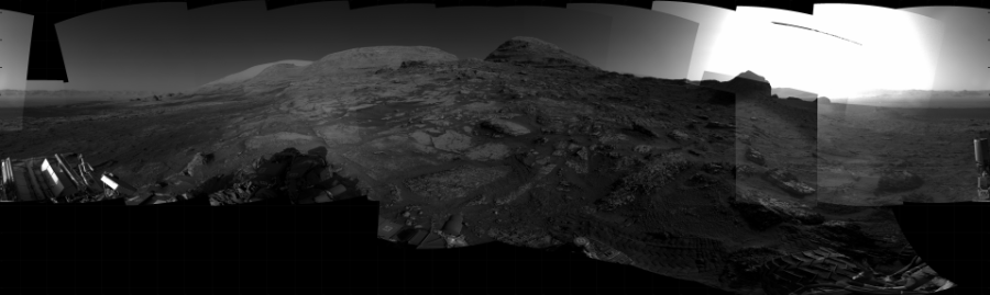 NASA's Mars rover Curiosity took 28 images in Gale Crater using its mast-mounted Right Navigation Camera (Navcam) to create this mosaic. The seam-corrected mosaic provides a 360-degree cylindrical projection panorama of the Martian surface centered at 183 degrees azimuth (measured clockwise from north). Curiosity took the images on July 21, 2021, Sol 3183 of the Mars Science Laboratory mission at drive 2034, site number 89. The local mean solar time for the image exposures was 4 PM. Each Navcam image has a 45 degree field of view. CREDIT: NASA/JPL-Caltech