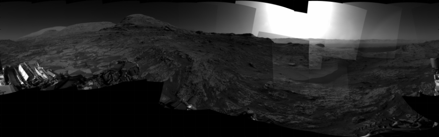 NASA's Mars rover Curiosity took 29 images in Gale Crater using its mast-mounted Right Navigation Camera (Navcam) to create this mosaic. The seam-corrected mosaic provides a 360-degree cylindrical projection panorama of the Martian surface centered at 239 degrees azimuth (measured clockwise from north). Curiosity took the images on August 02, 2021, Sol 3195 of the Mars Science Laboratory mission at drive 460, site number 90. The local mean solar time for the image exposures was 3 PM. Each Navcam image has a 45 degree field of view. CREDIT: NASA/JPL-Caltech