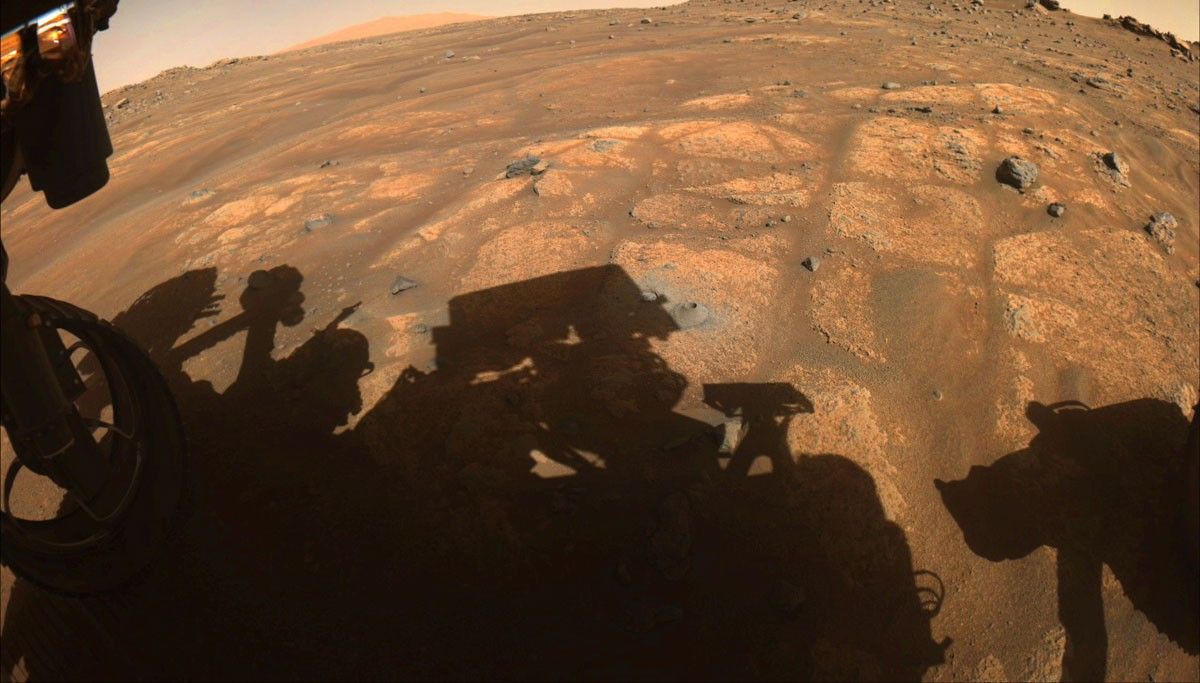 This image taken by NASA’s Perseverance rover on Aug. 6, 2021, shows the hole drilled in a Martian rock in preparation for the rover’s first attempt to collect a sample.