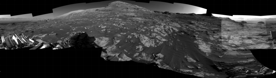 NASA's Mars rover Curiosity took 23 images in Gale Crater using its mast-mounted Right Navigation Camera (Navcam) to create this mosaic. The seam-corrected mosaic provides a 360-degree cylindrical projection panorama of the Martian surface centered at 181 degrees azimuth (measured clockwise from north). Curiosity took the images on August 10, 2021, Sol 3203 of the Mars Science Laboratory mission at drive 1348, site number 90. The local mean solar time for the image exposures was 3 PM. Each Navcam image has a 45 degree field of view. CREDIT: NASA/JPL-Caltech